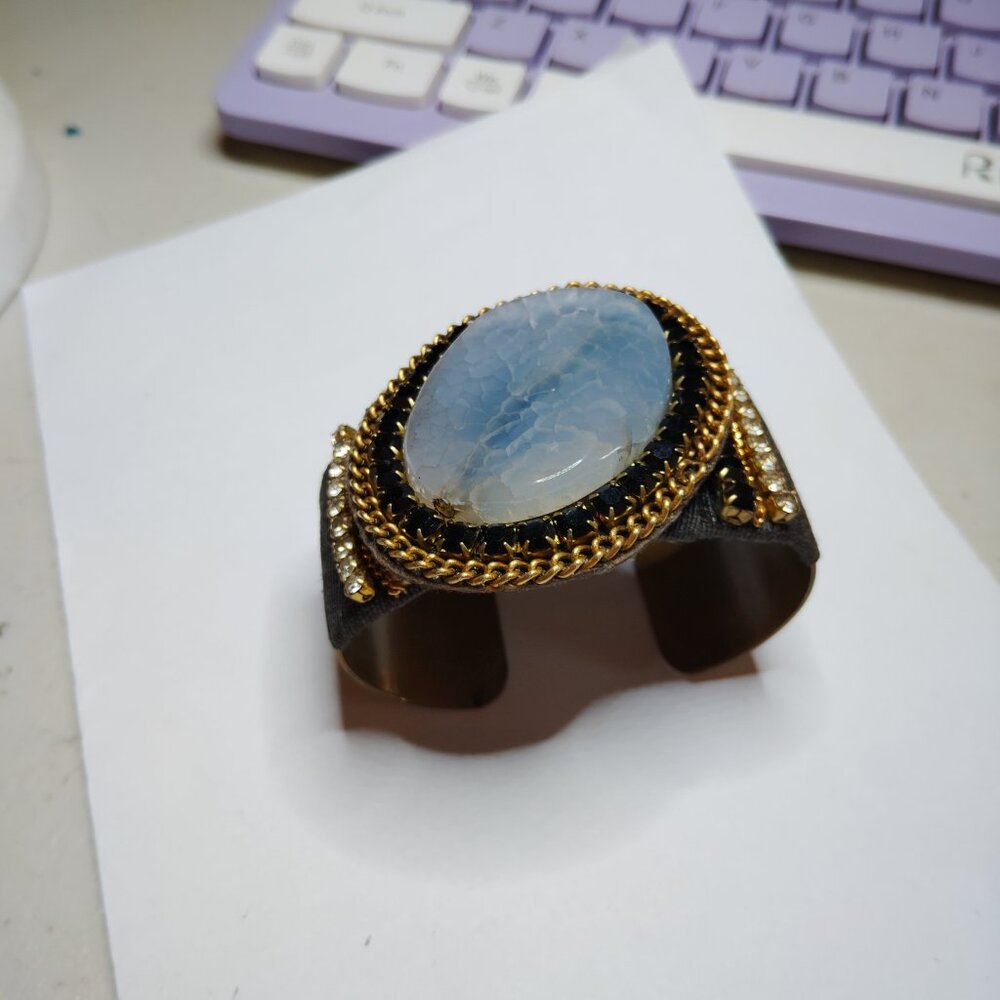 Vintage Brass Cuff Bracelet Blue Lace Agate Leather Backing Fabric Wrap